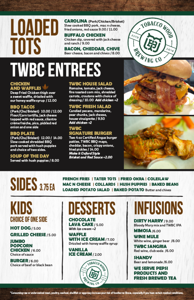 Oxford Food Menu Tobacco Wood Brewing