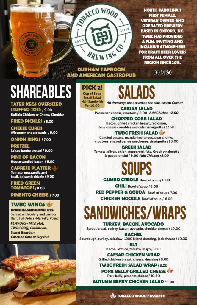 Durham Food Menu Tobacco Wood Brewing